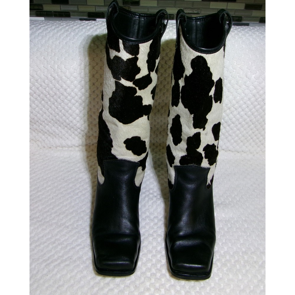 Wichita RW75 Cow Print Calf Hair Black Leather‎ Square Toe Western Boots Womens